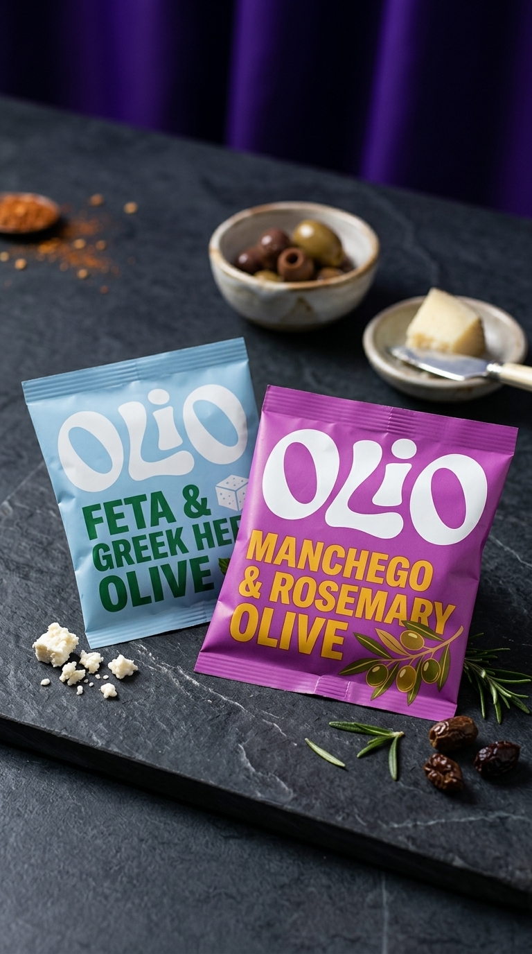 Feta & Greek Herb and Manchego & Rosemary olive pouches in studio setting