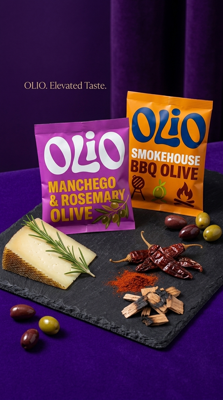 Manchego & Rosemary and Smokehouse BBQ olive pouches in a studio setup
